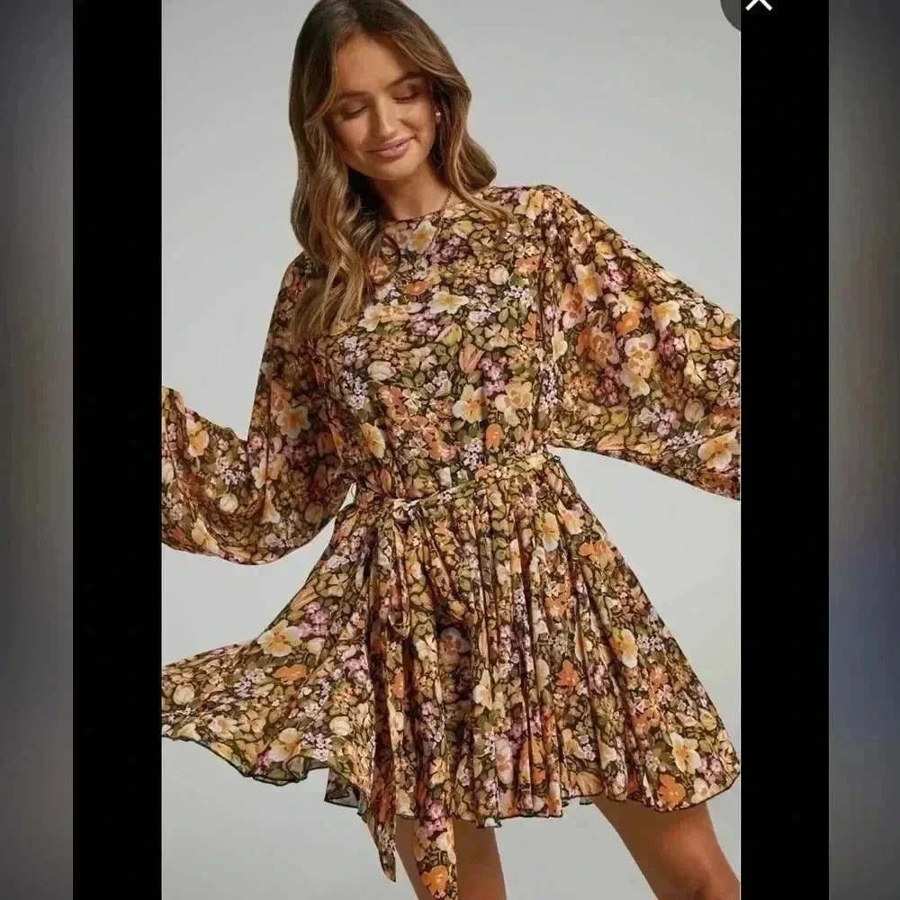 AURA Ballon Sleeve bat wing braided Belt flowy Boho floral fall mini dress S-M - Picture 3 of 15